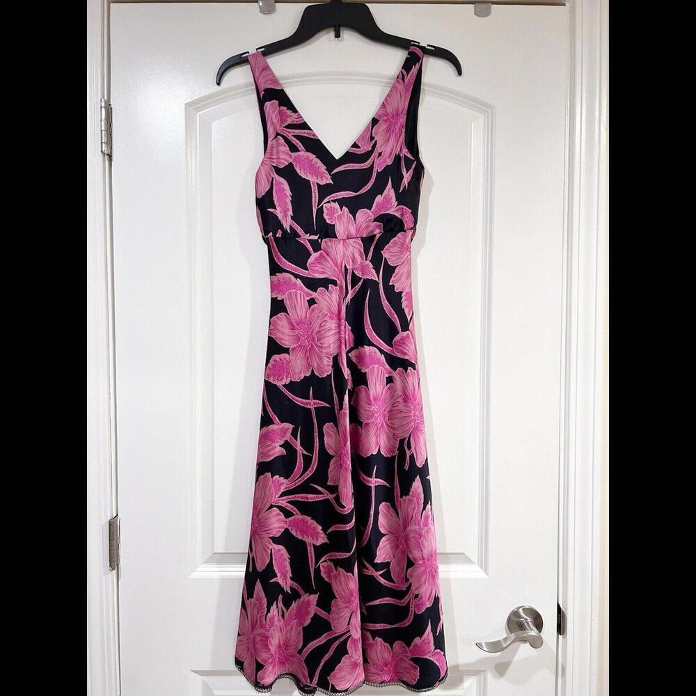 Vintage Betsey Johnson Silk Slip Dress Floral Pink Black Stretch Satin Small - Picture 2 of 12